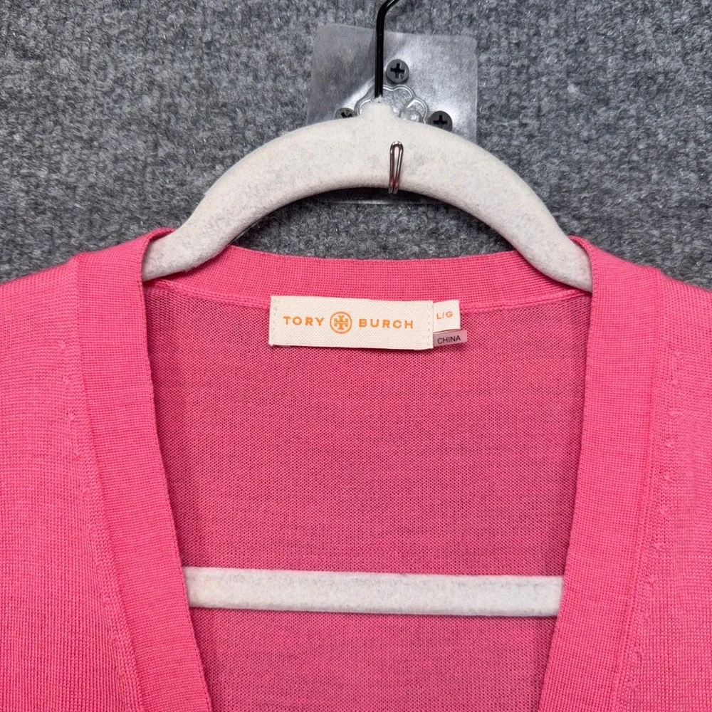Tory Burch Cardigan Sweater Womens Large Pink Merino Wool Logo Button Simone